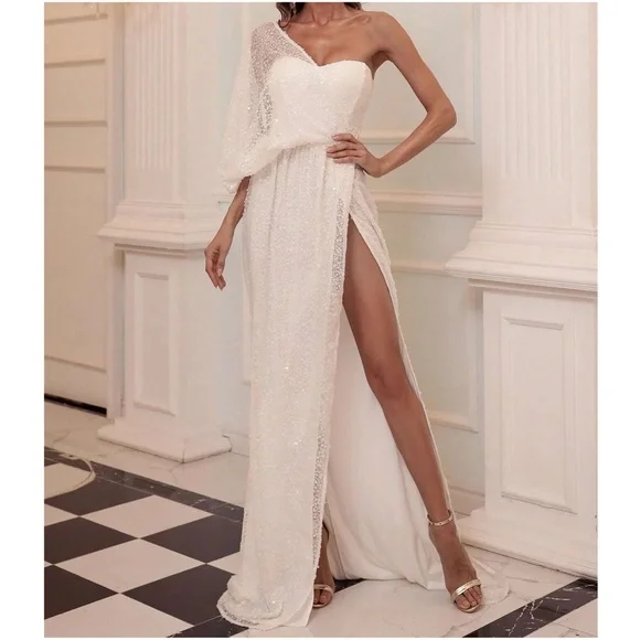 Luxe Sequin One Shoulder Evening Formal Wedding Dress - Picture 4 of 8